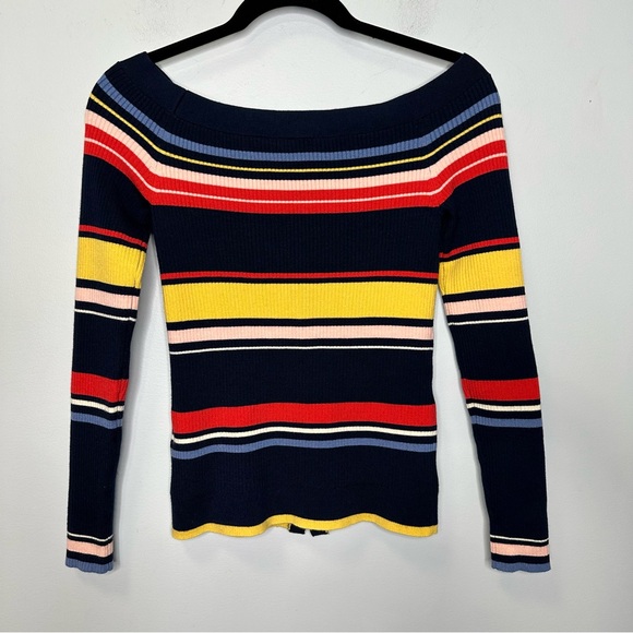 Frame Women’s Navy Multi Color Stripe Off The Shoulders Buttoned Sweater XS - Picture 6 of 12